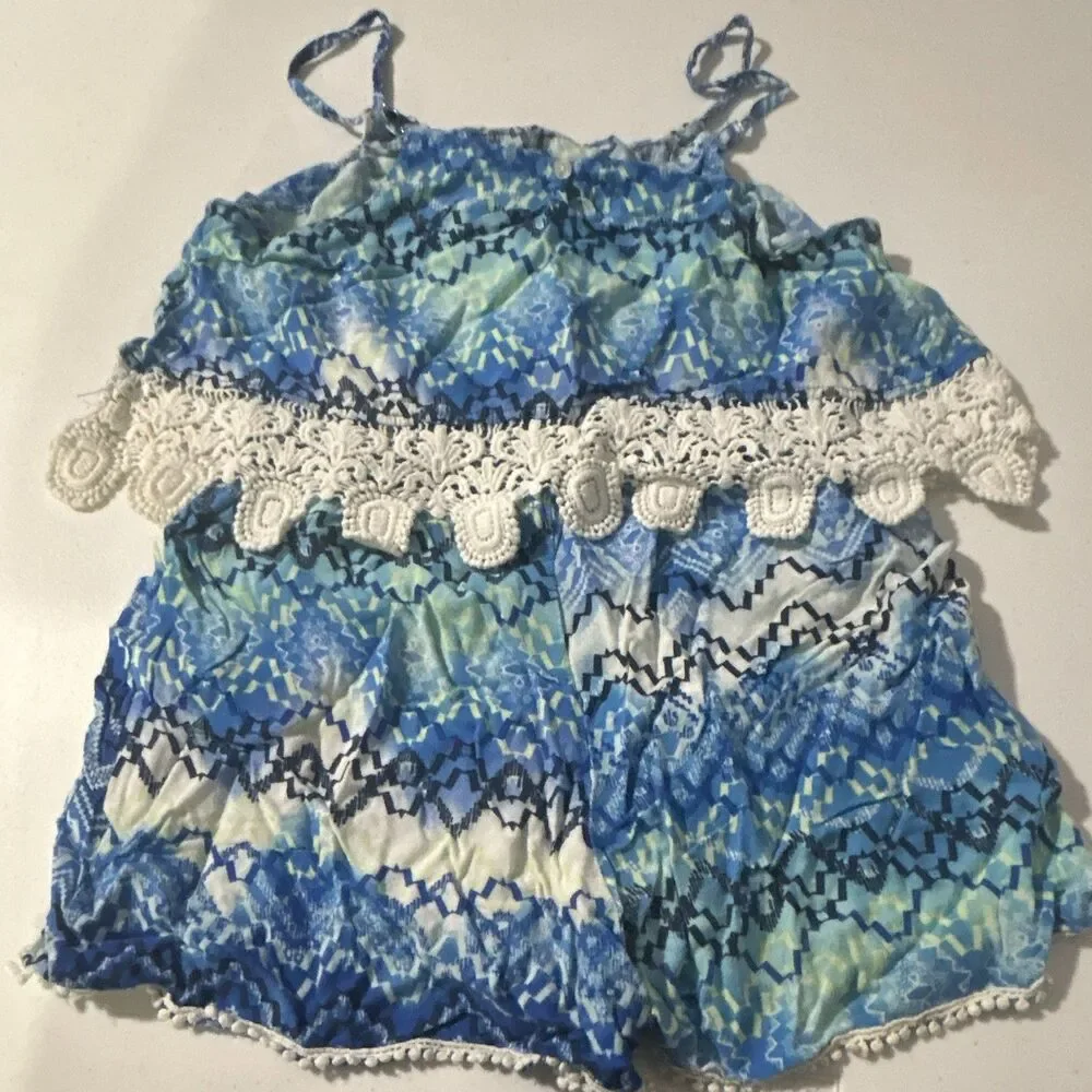 BEAU TEES Girls Size 12 Blue Geometric Sleeveless Romper w/ Lace Trim